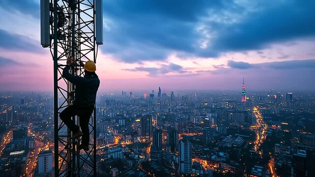 A wide-angle shot of a telecom tower with an engineer climbing it, the urban skyline glowing softly in the dusk light