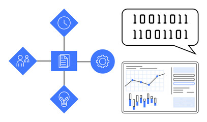 Binary code near screen with graphs and charts connected to icons for clock, document, user, and light bulb. Ideal for data analysis, project management, technology, digital communication, business