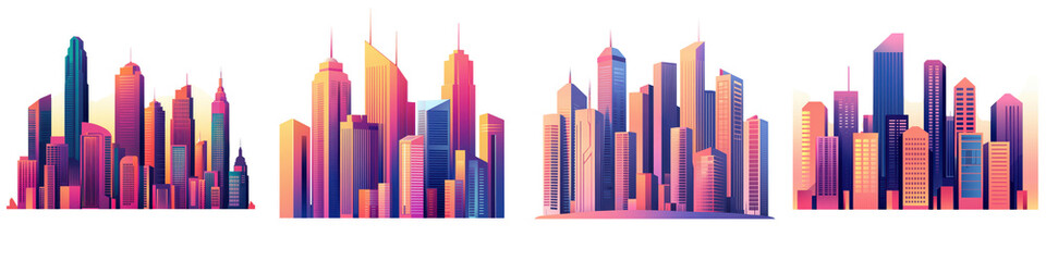 Fototapeta premium Vibrant and colorful cityscape featuring a stunning panoramic view of modern skyscrapers and high rise buildings in a metropolitan urban environment at sunrise or sunset