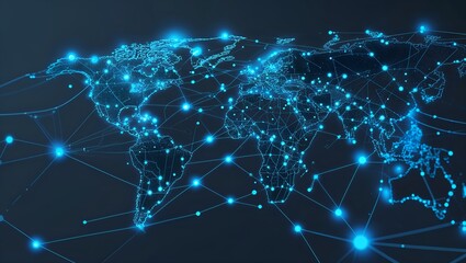 Supply Chain Digital Transformation. A global supply chain map displayed on a holographic interface, illustrating interconnected digital networks