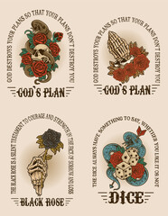 Set of 4 vintage skull rose and dice snake with various poses and styles. hand drawn style. vector design
