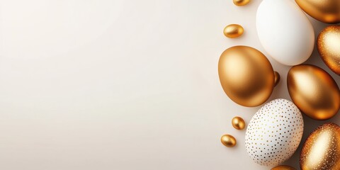 This captivating collection of decorative Easter eggs features exquisite gold hues, bright whites, and unique speckled designs, celebrating the joy and excitement of Easter traditions