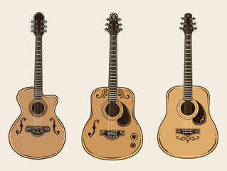 Set of 3 acoustic guitar on white background