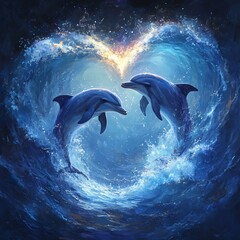 Image of A pair of dolphins swimming in a glowing heart-shaped ocean wave printed on Printed Glass Splashbacks
