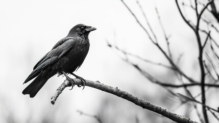 Majestic Crow Perched on Branch: Black and White Photography