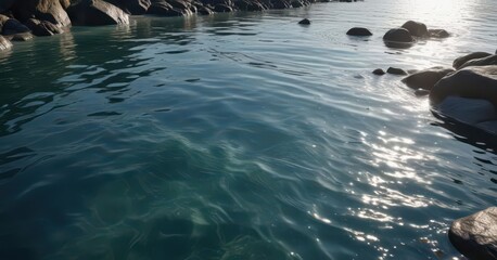 Naklejka premium Crystal clear water surface with circular waves reflected in the surrounding environment, serene scene, natural beauty