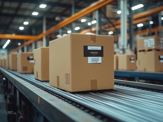A close-up view of multiple cardboard boxes on a conveyor belt in a warehouse setting, illustrating a packaging or shipping process.
