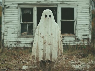 A spooky scene of a ghostly figure in a dirty, white sheet with eye holes, standing in front of an old, abandoned house in a desolate area.
