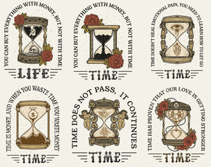 Set vintage hourglass with typography on white background good for t shirt, poster, etc