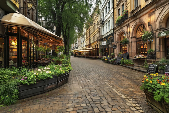 Charming street with cafes and vibrant flowers in historic city Generative Ai - Powered by Adobe
