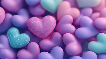 Obraz premium Multicolored Heart background. Valentine Wallpaper with Violet, Pink and Turquoise love hearts. 3D Render