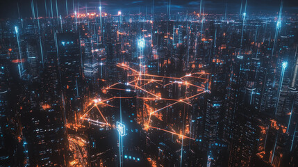 Obraz premium Smart digital Innovation city with connection network reciprocity over the cityscape. of future smart wireless city and social media networking systems that connects business people with in city