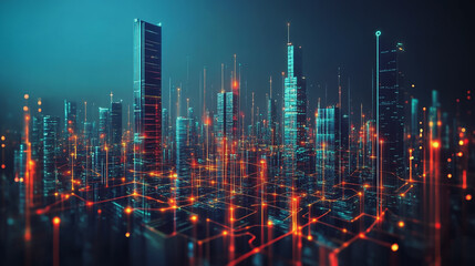 Fototapeta premium Smart digital Innovation city with connection network reciprocity over the cityscape. of future smart wireless city and social media networking systems that connects business people with in city