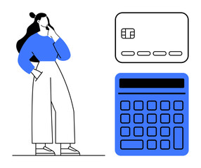 Woman in blue top and wide pants standing next to a credit card and calculator. Ideal for finance, budgeting, personal finance, accounting, financial planning, debt management, and educational