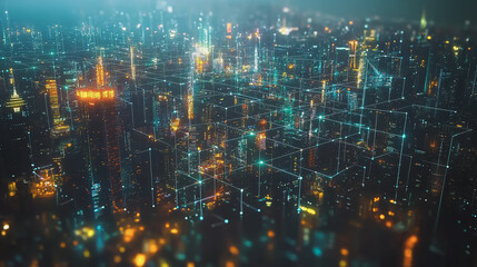 Obraz premium Smart digital Innovation city with connection network reciprocity over the cityscape. of future smart wireless city and social media networking systems that connects business people with in city