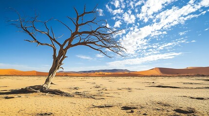 Starkly Beautiful: A Wide Shot Photo of a Lone Dead Tree in a Sunny Desert Landscape. AI Generated