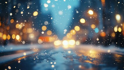 Soft Snowflakes Falling on a Busy City Street with Blurry Lights and Muffled Sounds, Creating a Magical Winter Wonderland Atmosphere at Night