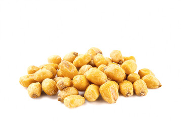Roasted salted corn nuts, isolated on white background.