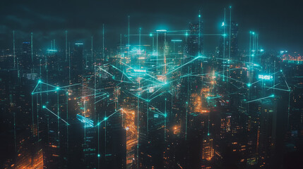 Obraz premium Smart digital Innovation city with connection network reciprocity over the cityscape. of future smart wireless city and social media networking systems that connects business people with in city