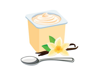 Vanilla yogurt in a plastic cup and spoon vector illustration. Vanilla yogurt plastic cup icon vector isolated on a white background. Yoghurt and vanilla flower and stick drawing