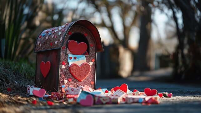 Mailbox in the park with full of Hearts, Happy Valentine's Day, 14 Feb