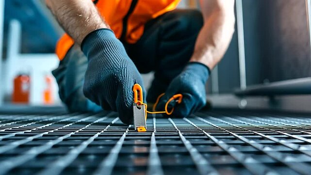 A close-up of an underfloor heating pipe being secured with zip ties to a mesh grid, as the plumber aligns the system for even heat distribution