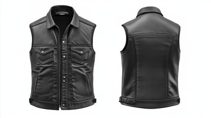 Stylish Black Leather Vest: Front and Back Views of a Classic Mens Fashion Item