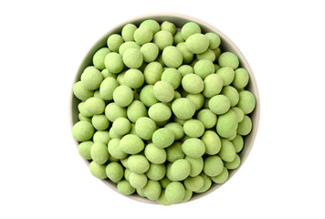 Pile of whole  wasabi coated peanuts isolated on white.