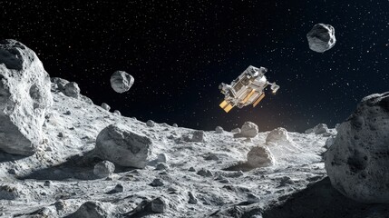A lunar lander navigates the moon's surface, surrounded by asteroids, under a starry sky, showcasing the vastness of space exploration.