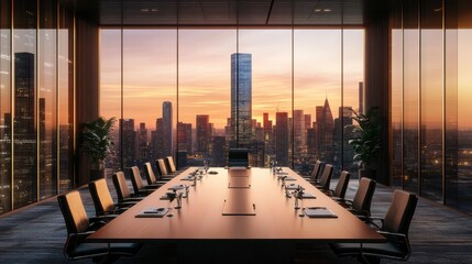 A luxury corporate boardroom with executives in a meeting overlooking a city skyline