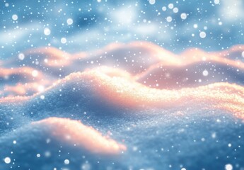 Fototapeta premium Soft, Glowing Snowflakes Falling Gently on a Peaceful Winter Landscape at Sunrise, Creating a Dreamy Atmosphere in a Frosty Wonderland Scene