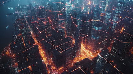 Smart digital Innovation city with connection network reciprocity over the cityscape. of future smart wireless city and social media networking systems that connects business people with in city