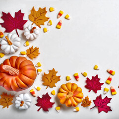Autumnal Pumpkins, Candy Corn, and Maple Leaves Border Design, Generated image