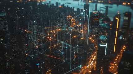 Smart digital Innovation city with connection network reciprocity over the cityscape. of future smart wireless city and social media networking systems that connects business people with in city