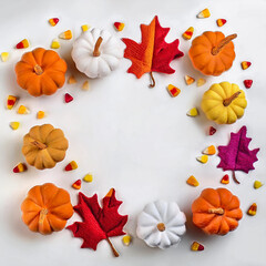 Fototapeta premium Autumnal Pumpkins, Candy Corn, and Maple Leaves Border Design, Generated image