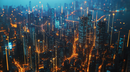 Obraz premium Smart digital Innovation city with connection network reciprocity over the cityscape. of future smart wireless city and social media networking systems that connects business people with in city