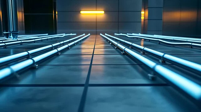 A detailed view of radiant heating pipes laid in a herringbone pattern, under smooth tiles, with a faint glow symbolizing heat flow