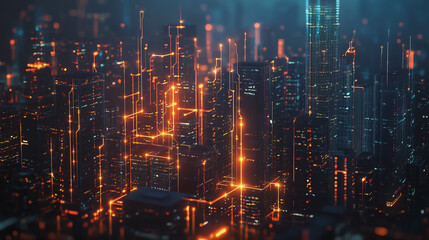 Fototapeta premium Smart digital Innovation city with connection network reciprocity over the cityscape. of future smart wireless city and social media networking systems that connects business people with in city