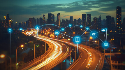 Obraz premium Smart digital Innovation city with connection network reciprocity over the cityscape. of future smart wireless city and social media networking systems that connects business people with in city