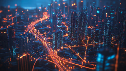 Fototapeta premium Smart digital Innovation city with connection network reciprocity over the cityscape. of future smart wireless city and social media networking systems that connects business people with in city