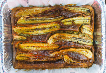 Homemade delicious banana cake baking as close-up food photography | Yummy organic healthy dessert