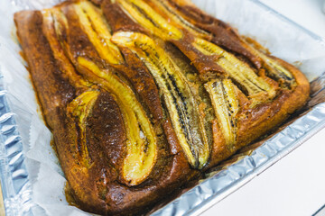 Homemade delicious banana cake baking as close-up food photography | Yummy organic healthy dessert