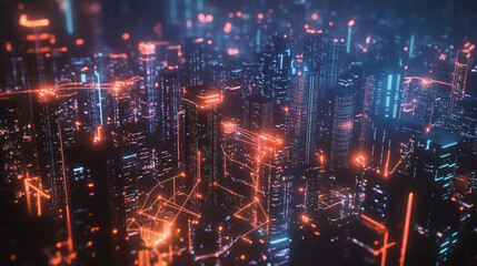 Fototapeta premium Smart digital Innovation city with connection network reciprocity over the cityscape. of future smart wireless city and social media networking systems that connects business people with in city