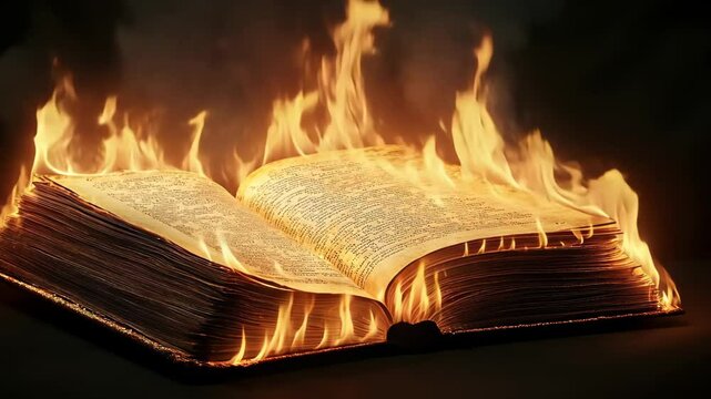 A book bursts into flames, its pages curling and blackening as the fire consumes it. This intense moment symbolizes the fragility of knowledge and the impact of destruction, evoking strong emotions