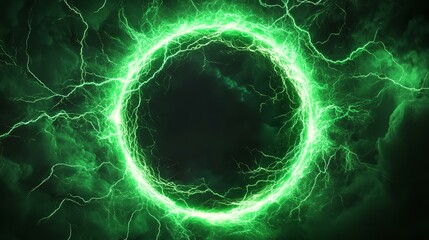 glowing electric green lightning round frame with plasma portal