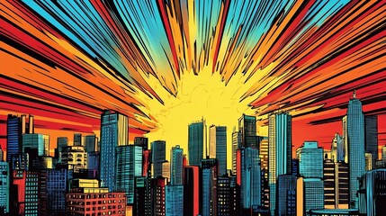 Colorful comic scene background with city silhouette