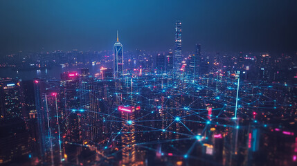 Fototapeta premium Smart digital Innovation city with connection network reciprocity over the cityscape. of future smart wireless city and social media networking systems that connects business people with in city
