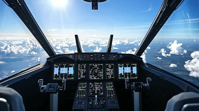 A futuristic cockpit training system with VR integration, featuring responsive joysticks and a virtual sky filled with storm clouds and navigational markers