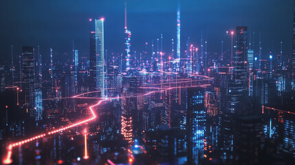 Fototapeta premium Smart digital Innovation city with connection network reciprocity over the cityscape. of future smart wireless city and social media networking systems that connects business people with in city