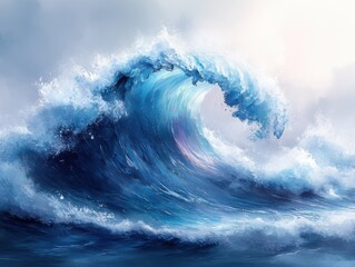 A stunning abstract watercolor painting depicting a large, dynamic ocean wave. The artwork features blue hues and evokes a sense of movement and tranquility.